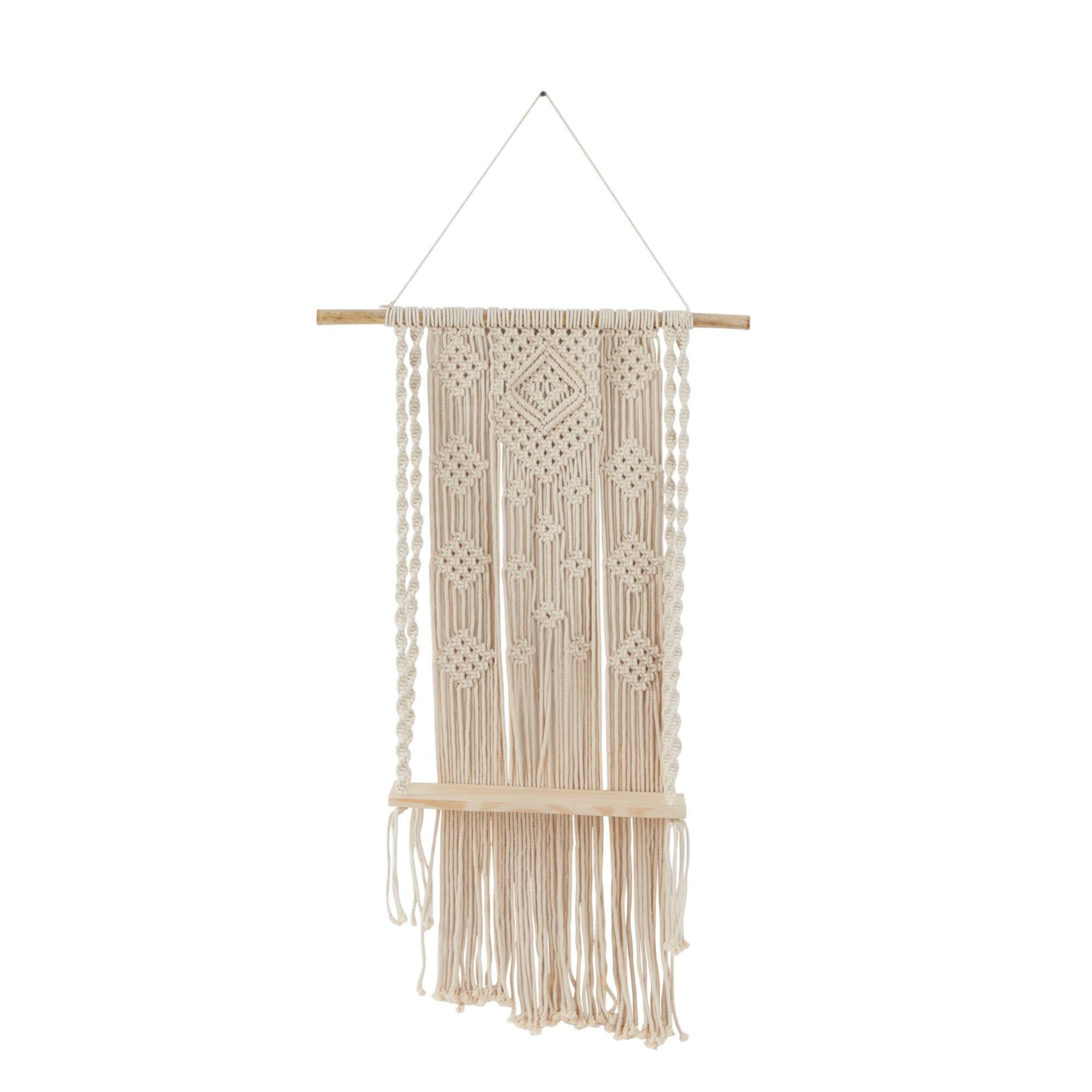 White Cotton Handmade Macrame 1 Shelf Wall Shelf 25" x 6" x 55"